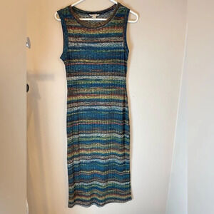 Monteau | Women's Midi Bodycon Multicolor Striped Sleeveless Sweater Dress Large